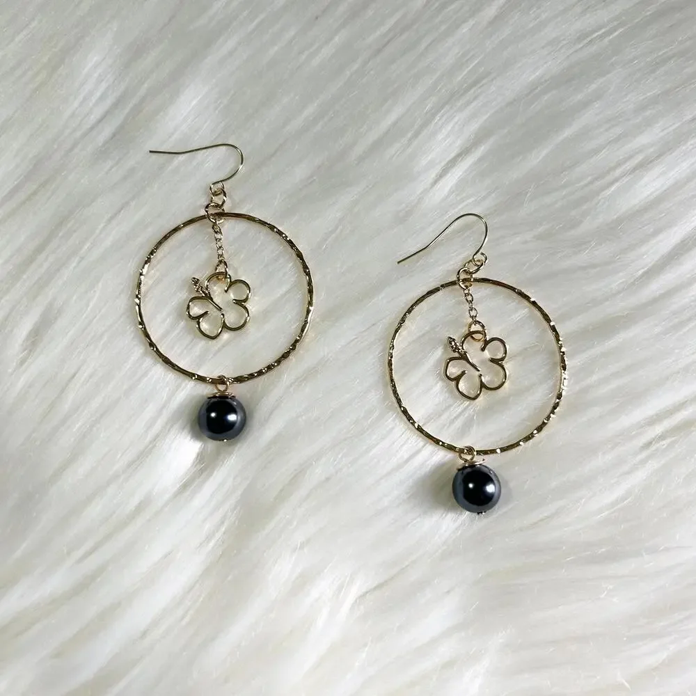 Gold Plated Hibiscus Tahitian Pearl Hawaiian Floral Dangle Hoops Earrings - Picture 1 of 2